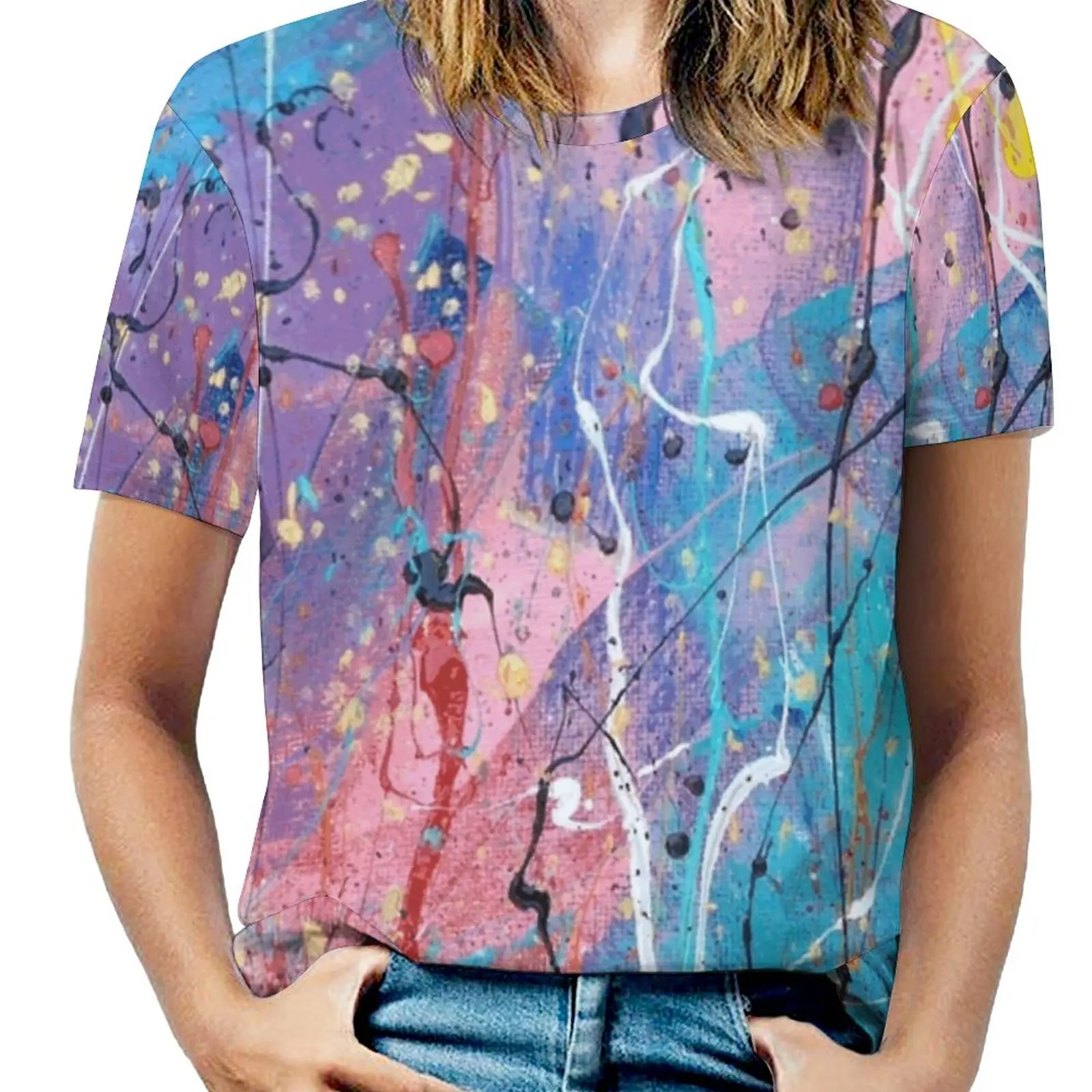 Aqua Dreams Woman'S T-Shirt Spring And Summer Printed T Shirts Crew Neck Pullover Top Abstract Painting Art Aqua