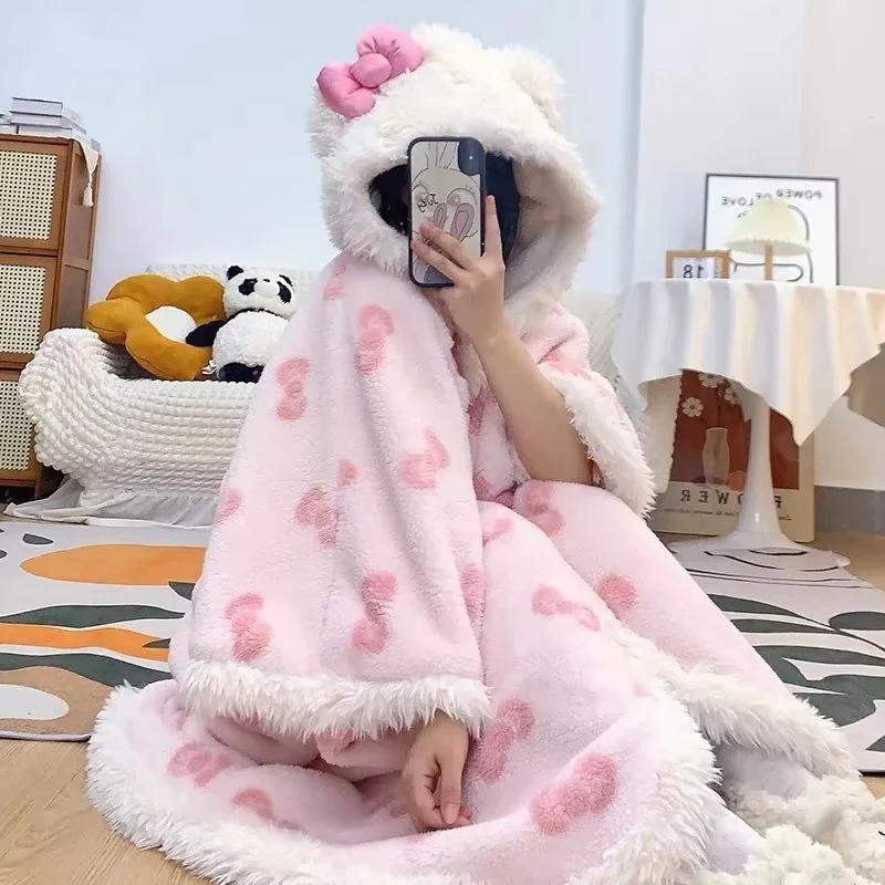 Miniso Kawaii Hellokitty Plush Robes Girls Cute Sanrio Anime Y2K Pajamas Hooded Blanket Casual Fleece Sleepwear Women Clothing