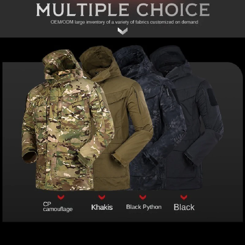 Military Outdoor Splash Proof Jacket with Fleece Insulation, Medium Length Windbreakers, Hooded Jackets, 3 in 1, Winter