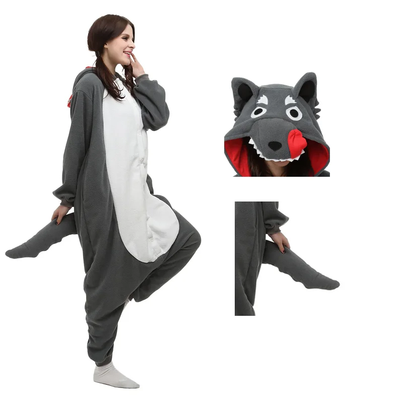 Grey Wolf Animal Kigurumi tuta adulto pigiama a maniche lunghe Halloween Festival Party Costume da notte flanella con cappuccio da donna