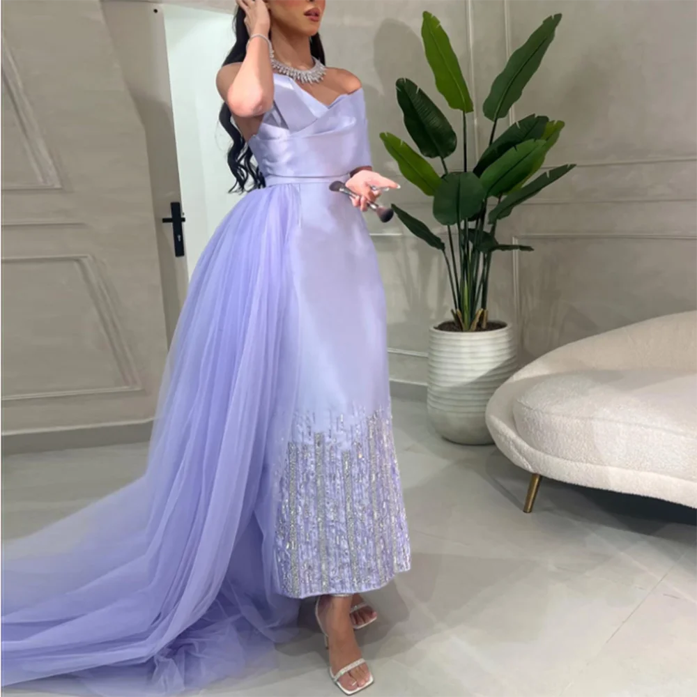 Exquisite Luxury Formal Evening Dresses Strapless Shiny Beading Light Purple Satin High Quality Prom Party Banquet Women Gowns