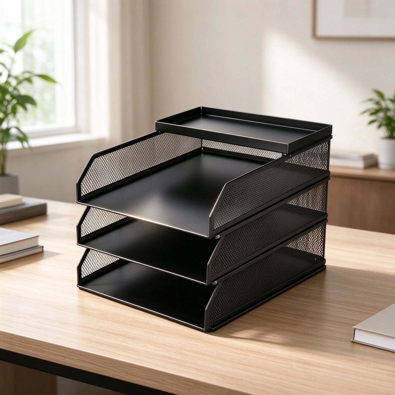 4-Tier Stackable A4 Paper Tray Organizer for Office Desk, Metal Mesh Document Holder, Base Retaining Clips, Pull Stop Design