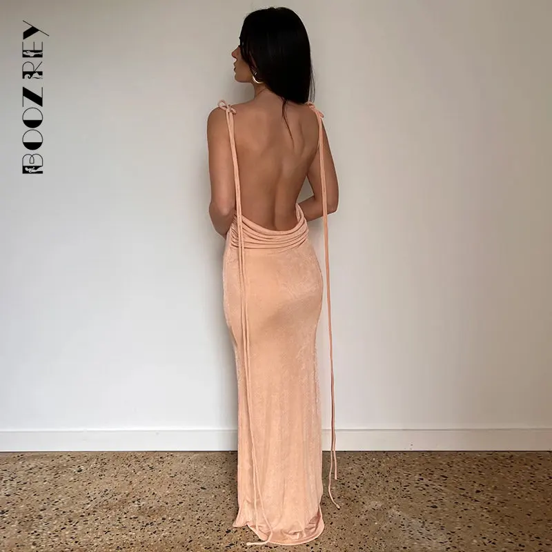 BoozRey Sexy Backless solidna bandaż Maxi sukienka dla kobiet elegancki pasek Spaghetti strój wieczorowy stroje do klubu na imprezę szata odzież