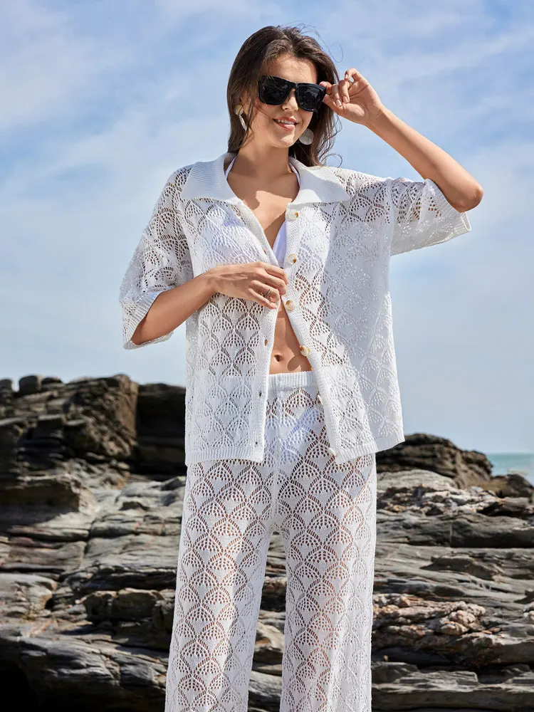 Sexy Cut Out Swimsuit Cover-ups 2025 Summer Knit Lapel Short Sleeve Button Loose Top Drawstring Trousers Two Piece Set A3161