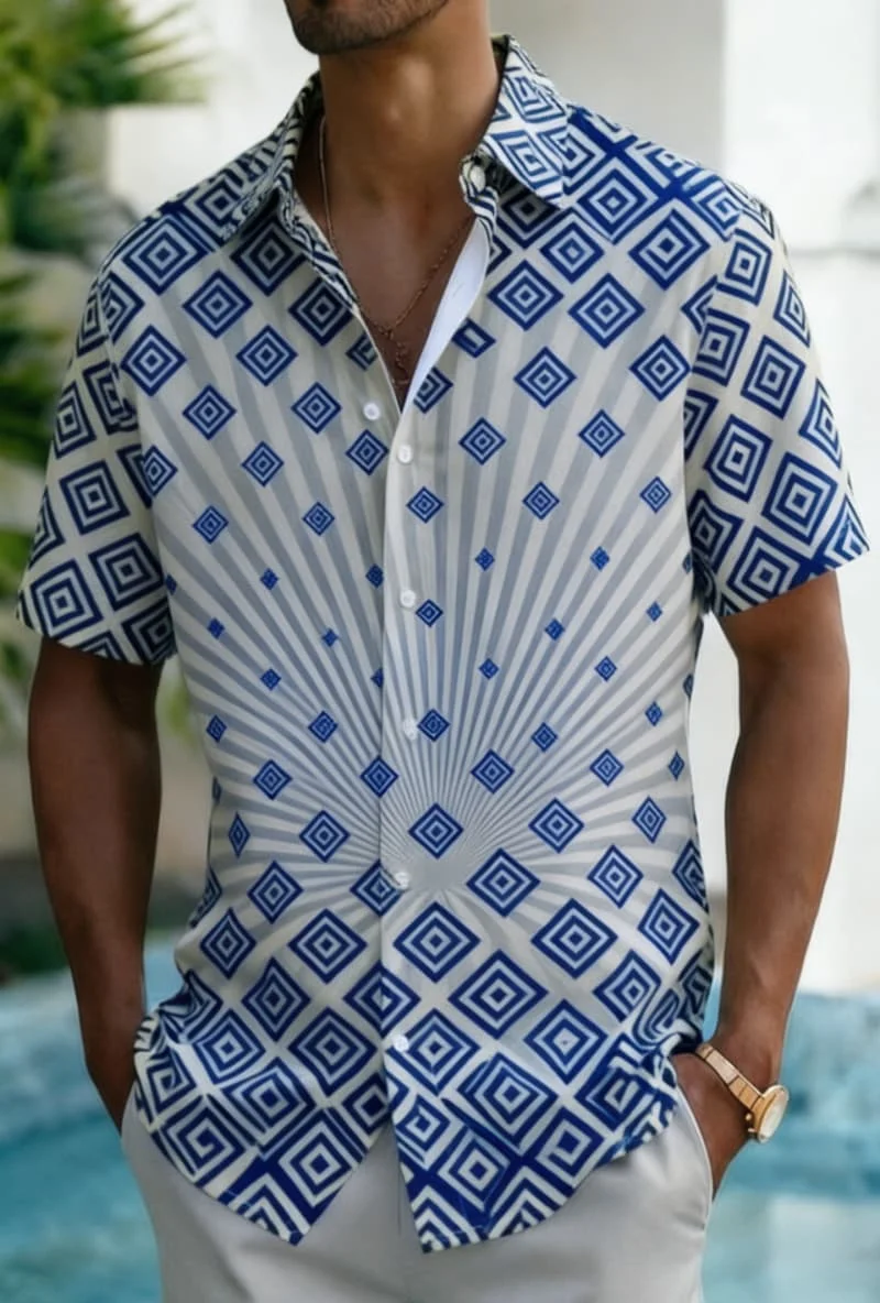 

Men's Geometric Abstract Print Shirt, Modern Art Style for Summer Holiday, Beach Trips, Daily Outings & Casual Wear