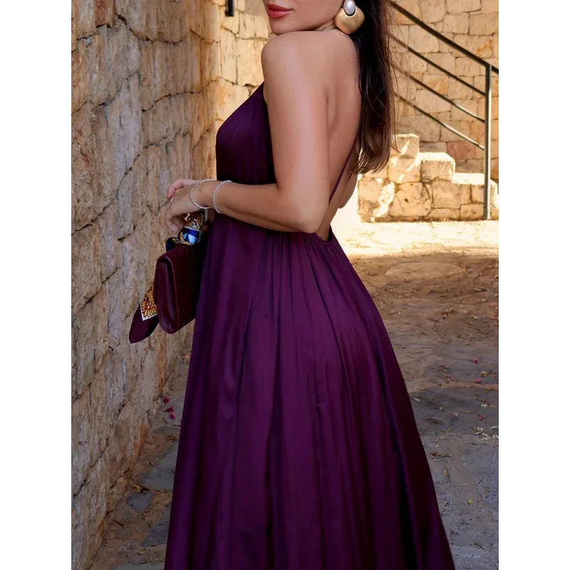 Sexy Chic Women's Satin Party Dress V-Neck Halter Pleated Maxi Fashion 2025 Evening Club Festival Elegant Chic