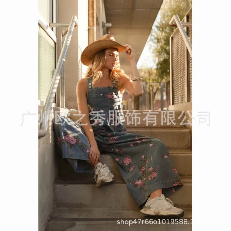 Combinaisons en Denim imprimé Floral pour femmes, sans manches, tendance, barboteuse, tenue de Festival, salopette ample, poches plissées, pantalons longs