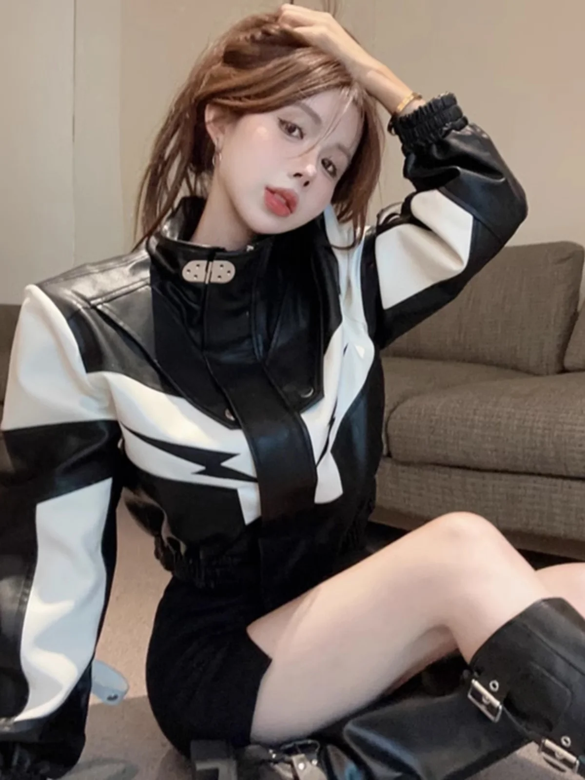 Fashionable Loose Motorcycle Leather Jacket Women's Spring Season High Quality Color Block Design Zipper Closure PU Leather