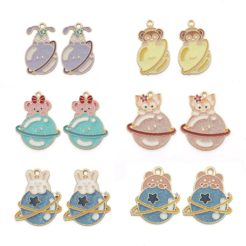 

10pcs/pack Cute Rabbit Cartoon Cat Universe Enamel Charms Pendant for DIY Hand Made Jewelry Finding Golden-colour