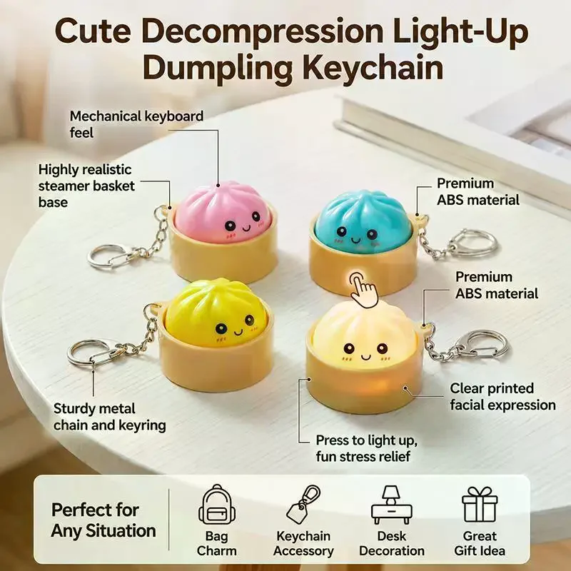 Cute Cartoon Steamed Bun Keychain With Press Activated Light And Stress Relief Perfect For Backpack Decoration Kids Small Gifts