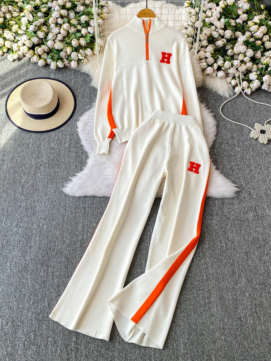 Casual Knitted f-Zipper Stand Collar Women's Faion Set Winter Slimming High Waist Wide Leg Pants Two-Piece Suit Ensemble
