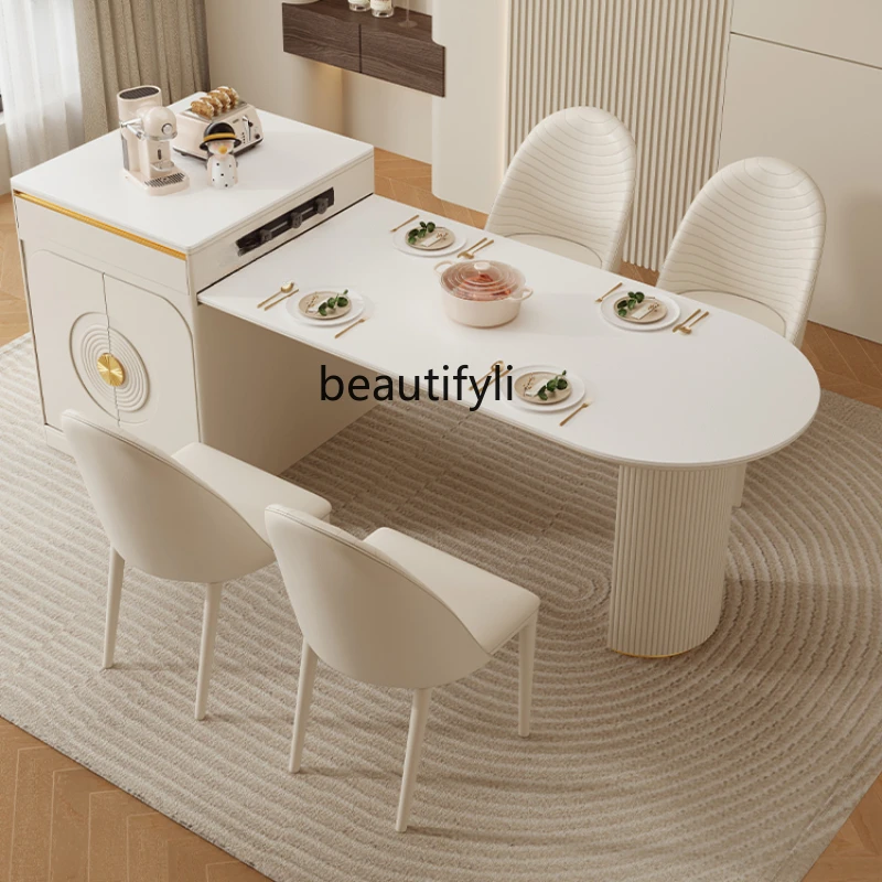 

Cream Style Kitchen Island Dining Table Integrated Retractable Household Restaurant Semicircle Solid Wood Medium Kitchen Island