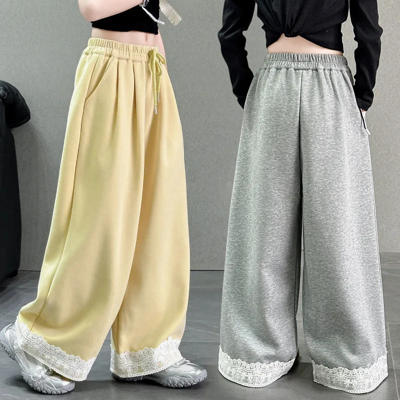 

Новые осенние детские хлопковые вязаные спортивные штаны для девочек, спортивные штаны на шнурке, желтый, серый цвет, детские спортивные брюки, спортивные штаны