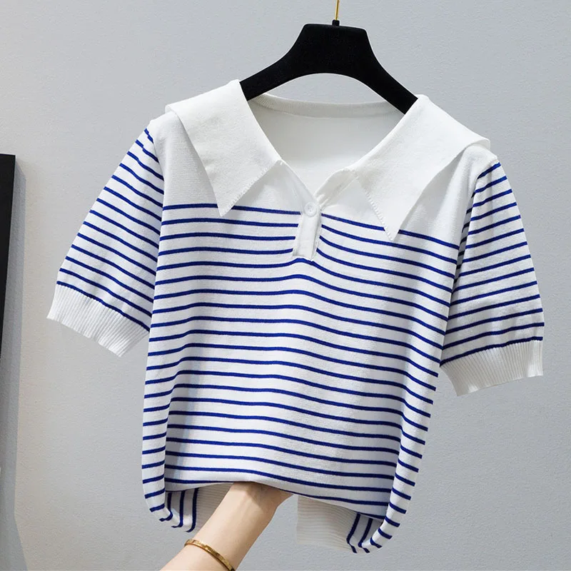 

Striped T Shirt For Women 2025 Summer Casual Short Sleeve Knitted Tshirts Korean Style Clothing Pullover Tops Tee Shirt Femme
