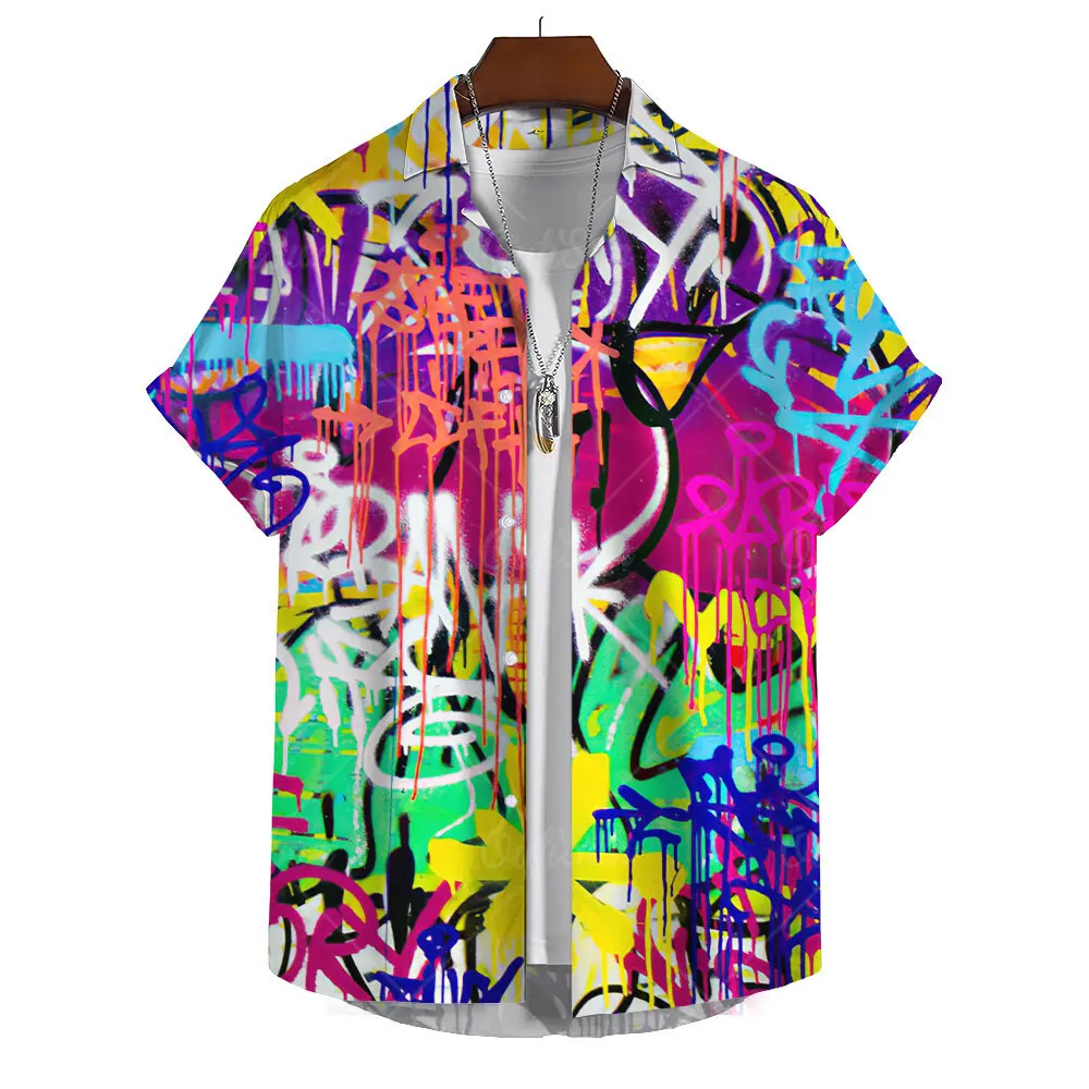 Street Fashion Graffiti Print Men\'s Casual Short Sleeve Shirt Summer Hawaii Beach Vacation Men\'s Shirt Oversized Tops