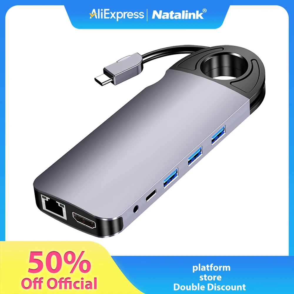 

Natalink USB-C Хаб 10-в-1: HDMI 4K, VGA 1080P, 3x USB 3.0, RJ45, Слоты SD/TF, Аудио 3.5mm и Питание PD для Ноутбуков и Планшетов