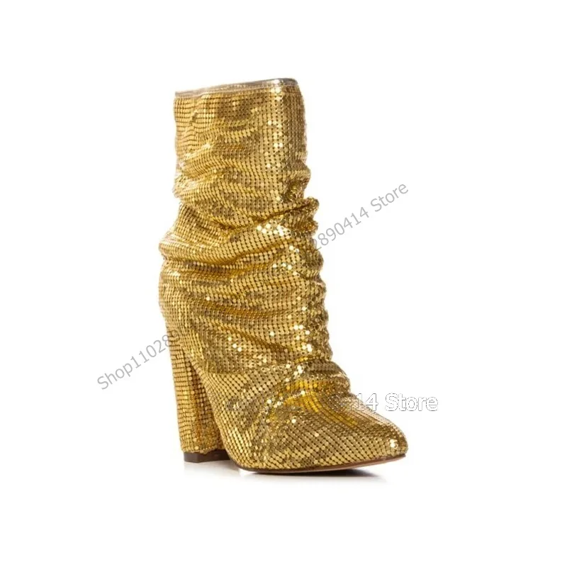 Paillettes dorées décor mi-mollet bout pointu bottes sans lacet femmes chaussures gros talons hauts roman mode fête 2023 Zapatos Para Mujere