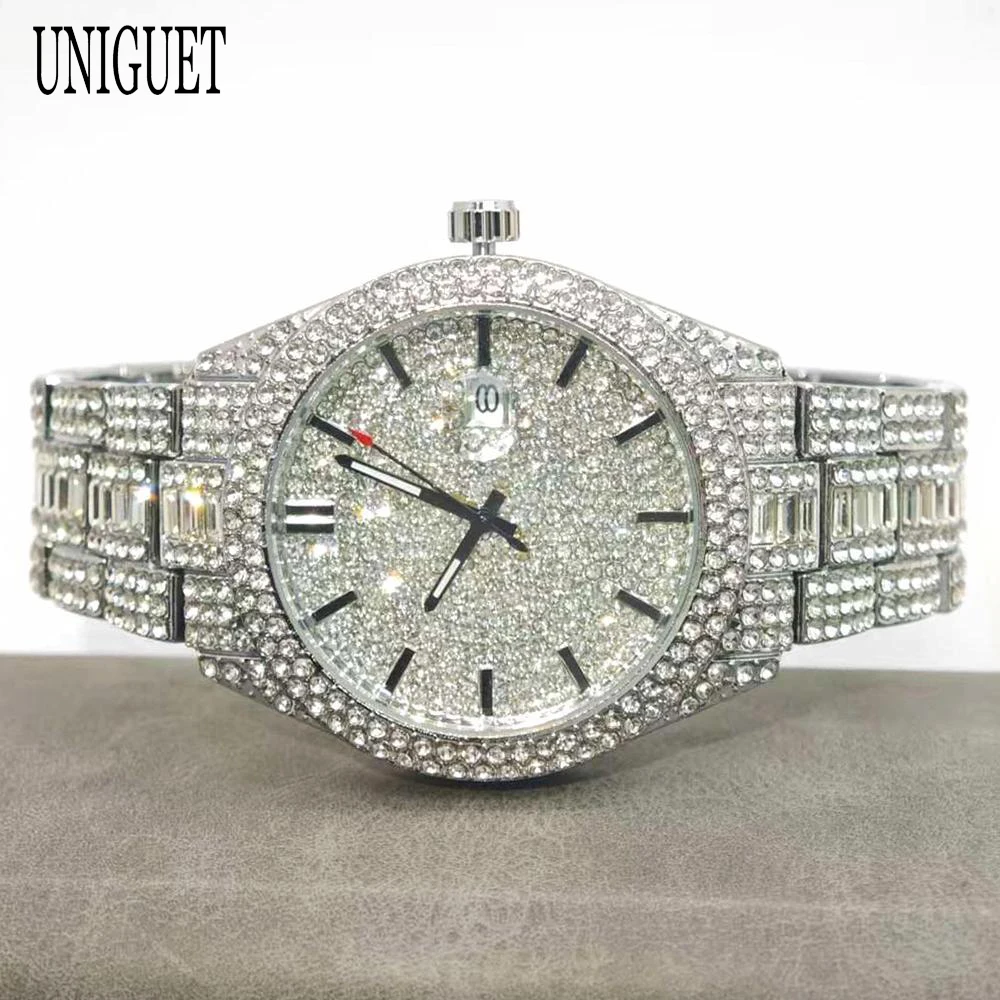

Top Fashion Brand UNIGUET Mens Quartz Watch With Calendar Waterproof Wristwatches Luxury Design Hip Hop Diamond Watches Man Gift