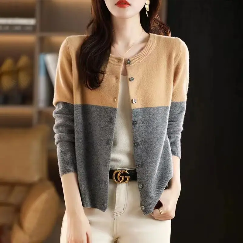 2023 Spring and Autumn Women\'s New Round Neck Knitted Single Breasted Cardigan Loose Color Matching Bottom Fashion Casual Tops