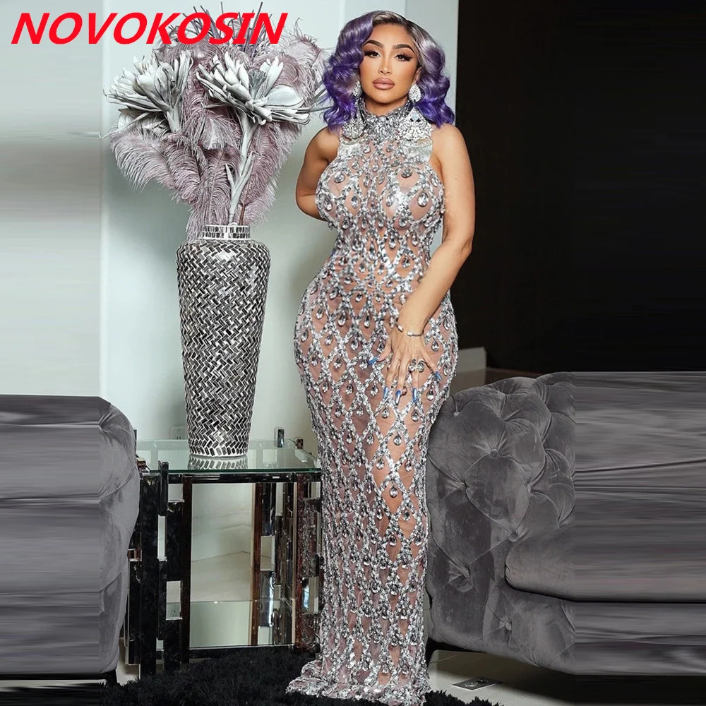 Personalizado feminino sexy perspectiva sereia vestido de noite duro trabalho manual brilhante strass halter cristais palco festa malha vestido