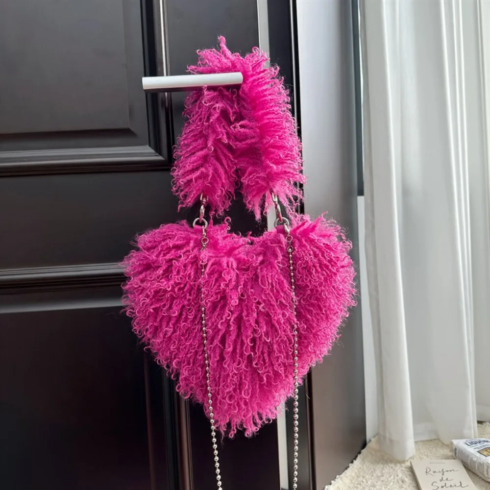 Women's Plush Heart-shaped Crossbody Tote Bags Sweet Love Faux Fur Female Underarm Shoulder Bag Soft Fluffy Handbags Woman Girls