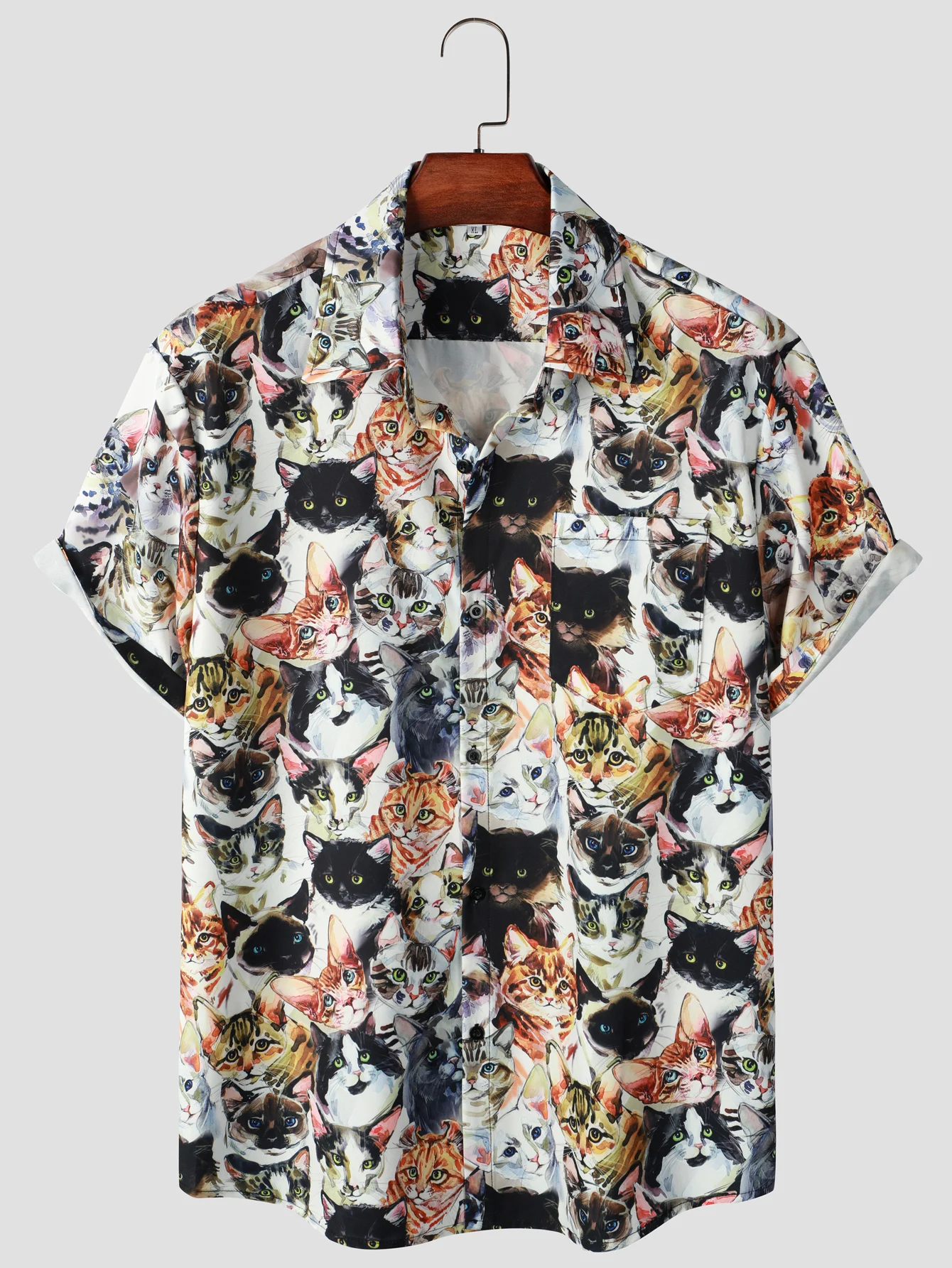 Cute Cat Print Men\'s Casual Short Sleeve Shirt With Chest Pocket, Men\'s Shirt For Summer Vacation Resort, Tops For Men