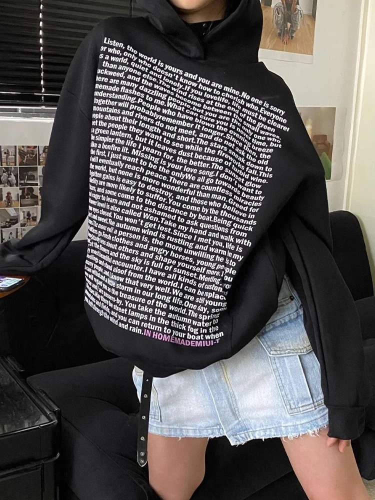 Hooded Letter Printing Baggy Long White Text Autumn and Winter Sweatshirt for Women Thick Hoodies Woman Tops Loose Cold Warm Xxl