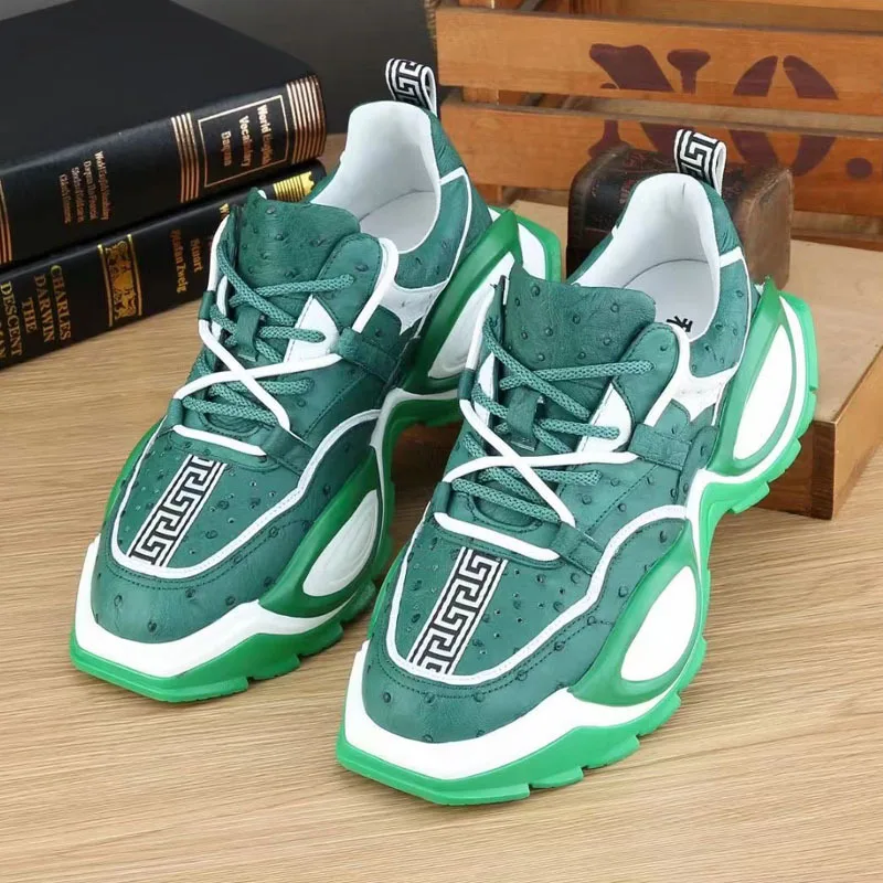 кроссовки мужские Sports Fashion Versatile Genuine Ostrich Leather Casual Trendy Lacing Green Men's Walking Shoes Men Sneakers