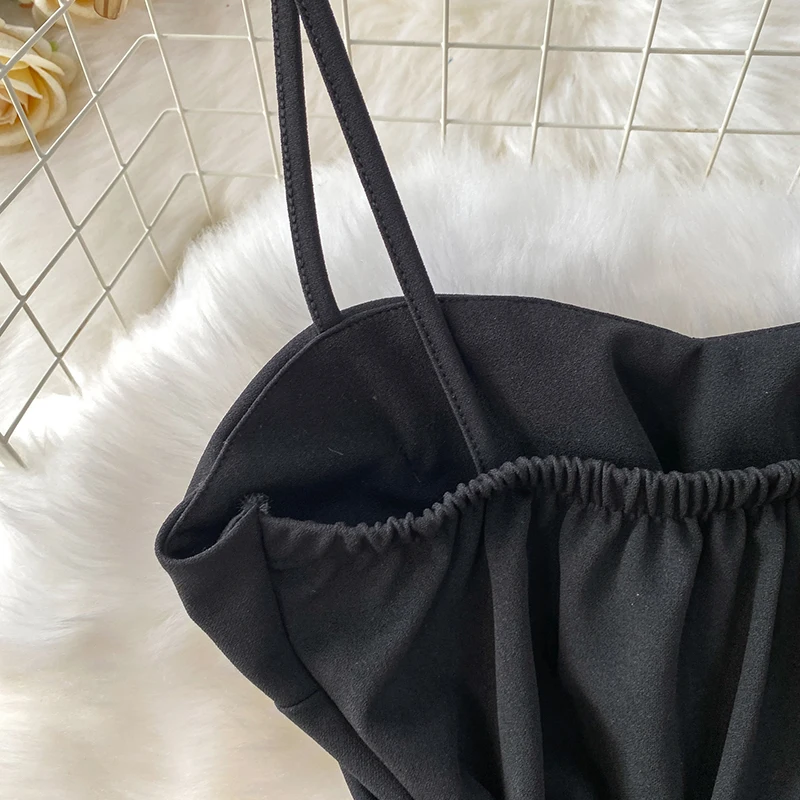Schwarz Elegante Spaghetti Strap Kleid Frauen Sommer Plissee Dünne Unregelmäßigkeit Party Kleid Weibliche Einfarbig Kurze Slip Kleider