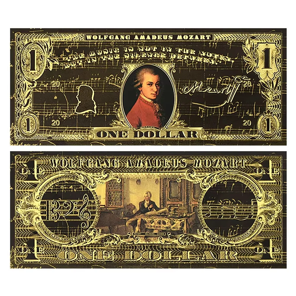 

Wolfgang Amadeus Mozart Gold Foil Banknotes Plastic Money 100 Millillion Dollars Classical Musician Collection Gift