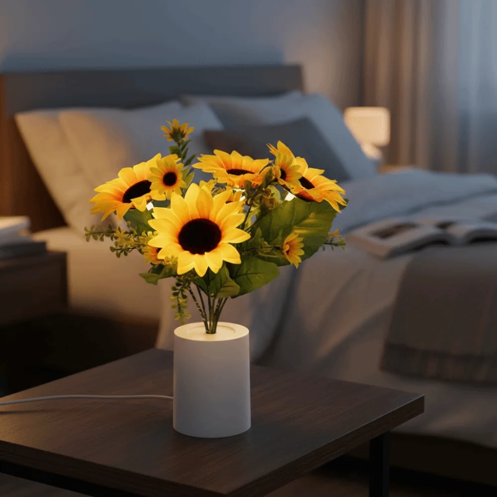 

LED Night Light Bedside Desk Light On Battery 3 LED Simulation Flower Light Sunflower Design Safe Simulated Table Lamp Night Use