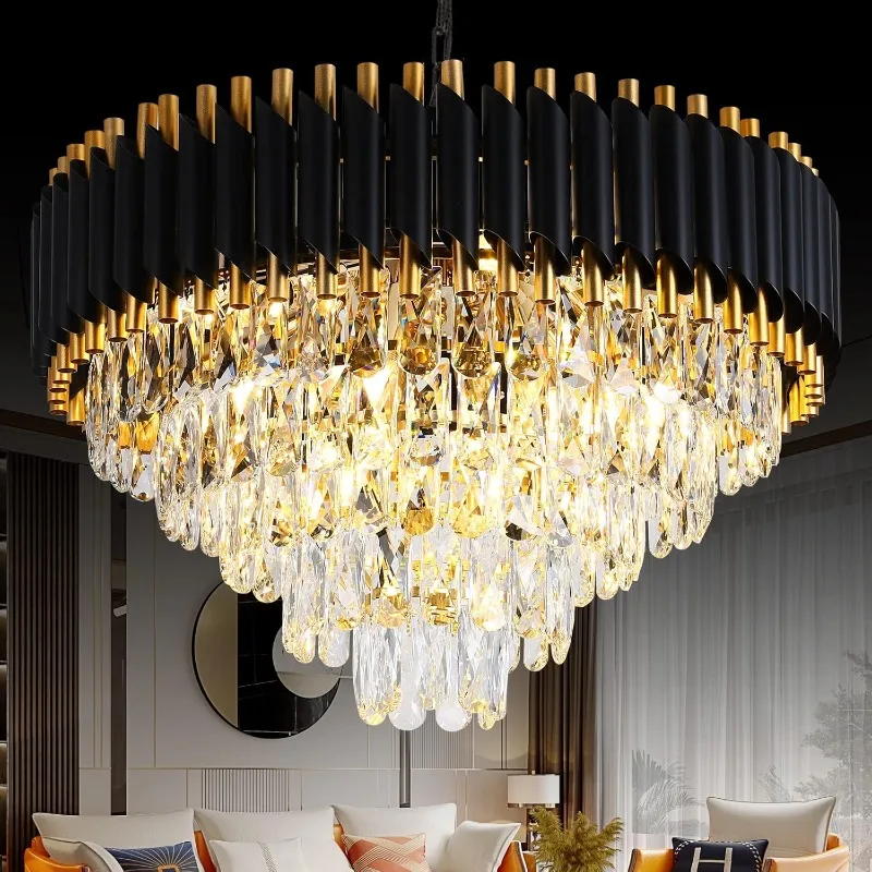 Gold Modern Crystal Chandeliers 5-Tier K9 Round Crystal Chandeliers Fixture 12 Black Large Crystal Chandeliers Ceiling Fixture