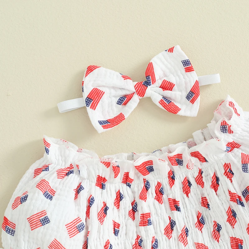 

Baby Girl Fourth Of July Romper Short Puff Sleeve Bodysuit American Flag Print Ruffle Smocked Romper Headband