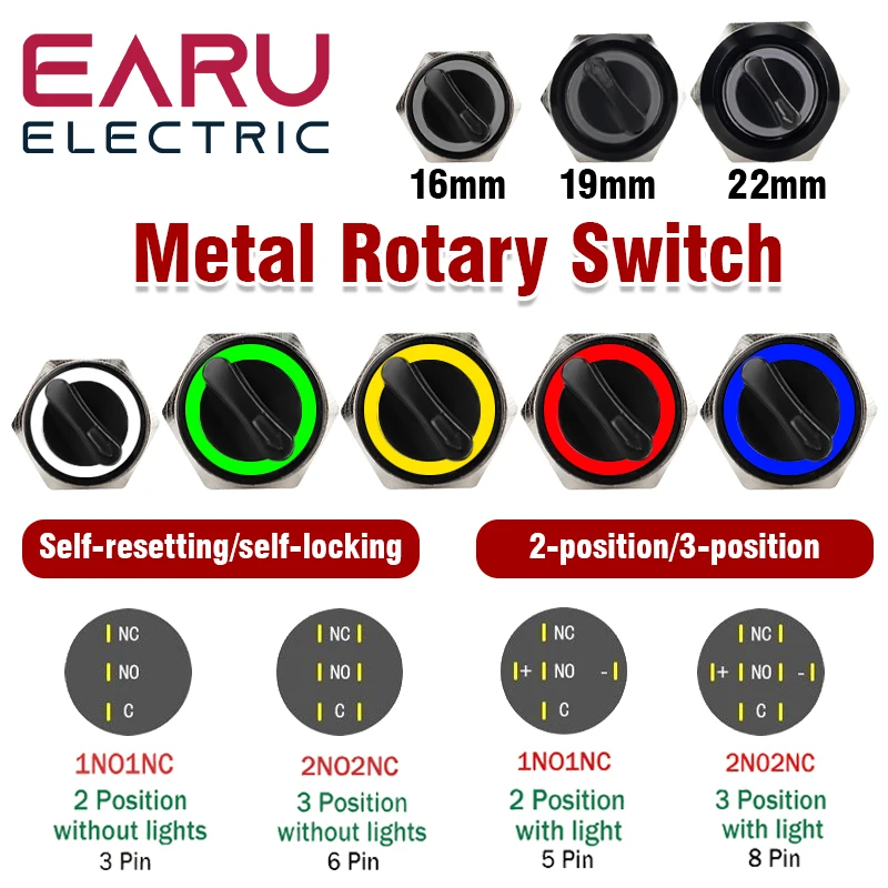 16MM 19MM 22MM samoblokujący samoblokujący wodoodporny podświetlany DPDT metalowy pokrętło wyboru przełącznik obrotowy 2 3-pozycyjna lampa LED czerwona