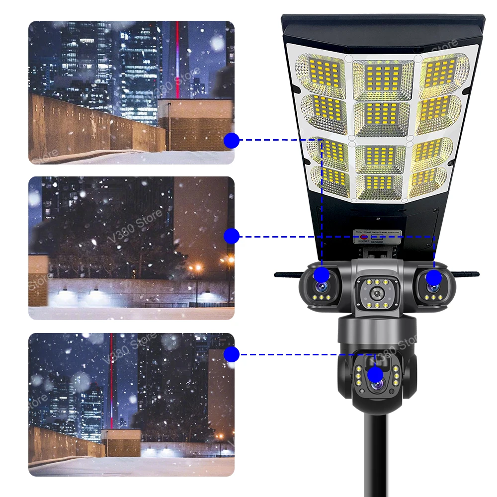 4G Solar Cameras with LED Street Light Outdoor Security Protection 3 Lens Remote Control PTZ Rotation Surveillance CCTV Monitor