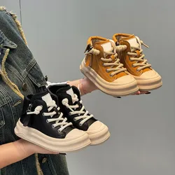 Zapatos de ocio de felpa para niños, cuero genuino, deportes de contraste de Color, moda Zhongbang, invierno, 2024