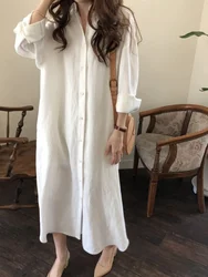 Summer Dresses 2024 Women White Solid Color elegance Casual Long Lapel Women's Loose Cotton Linen Single Breasted Shirt Dress