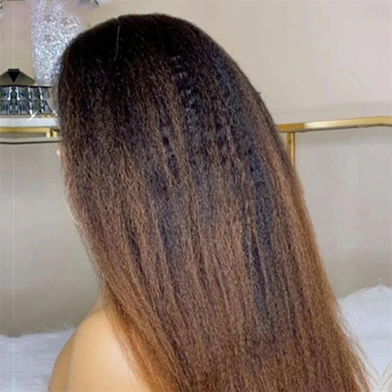 Soft 26” Ombre Brown Long Yaki Lace Front Wig Kinky Straight For Black Women With BabyHair Preplucked Natural Hairline