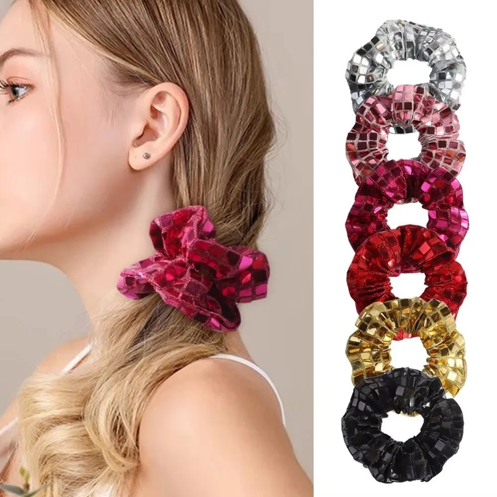 

6pcs Square Sequin Sequin Hair Rope Super Shiny Pleated Design Rubber Bands Set Retro Disco Flashy Women's Hair Ties Headdress