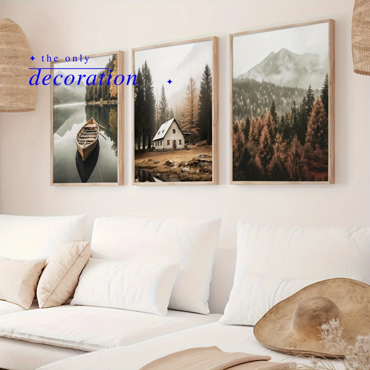 2D Flat, 2D Flat, 3pcs/Set of Lake Mural Landscape Wall Art Poster Set, Natural Nordic Photography Decorative Painting, Rural