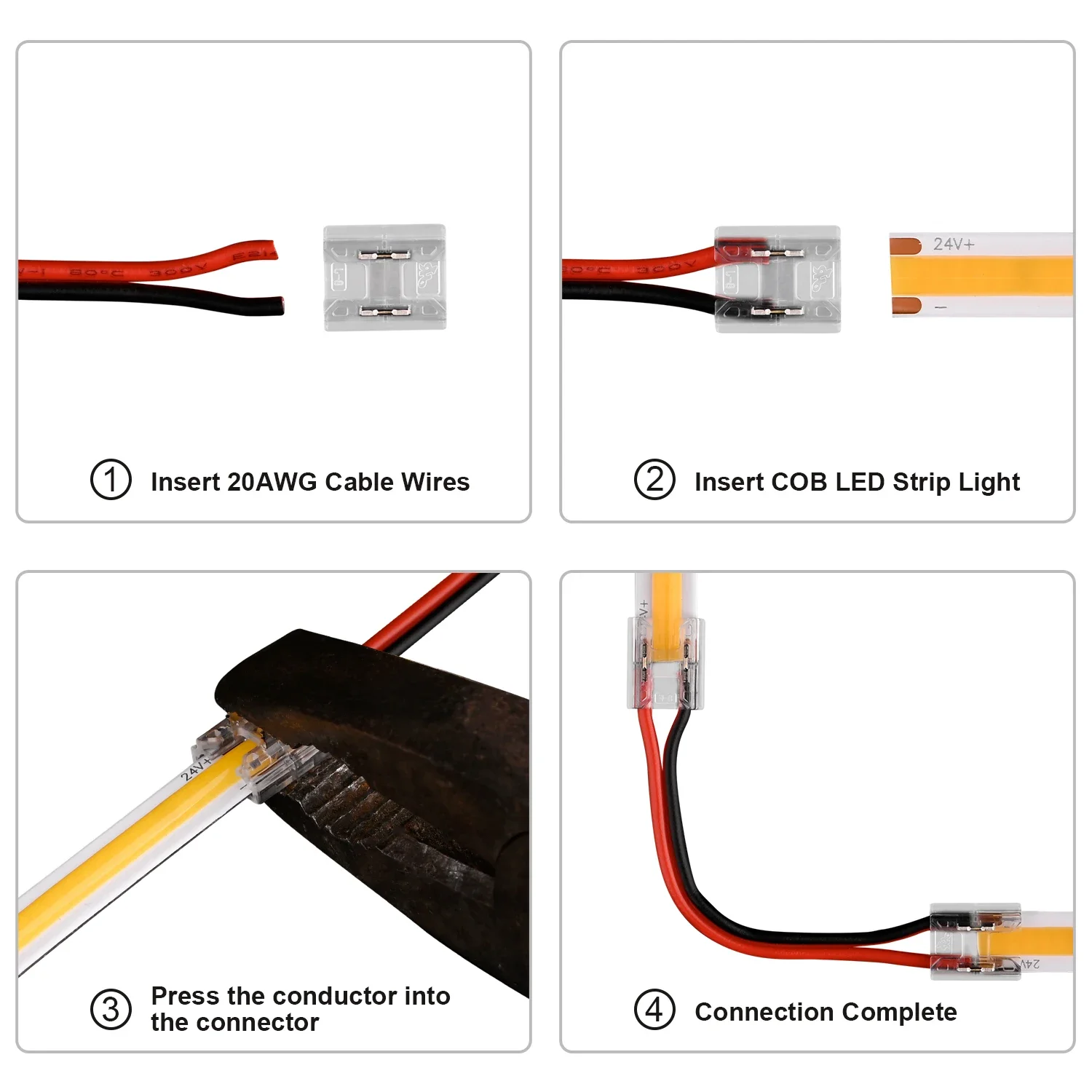 12pcs Solderless LED Connector Transparent 4 in 1 DIY Connectors with 15cm Wire For 2pin 8mm 10mm COB SMD LED Strip Lights