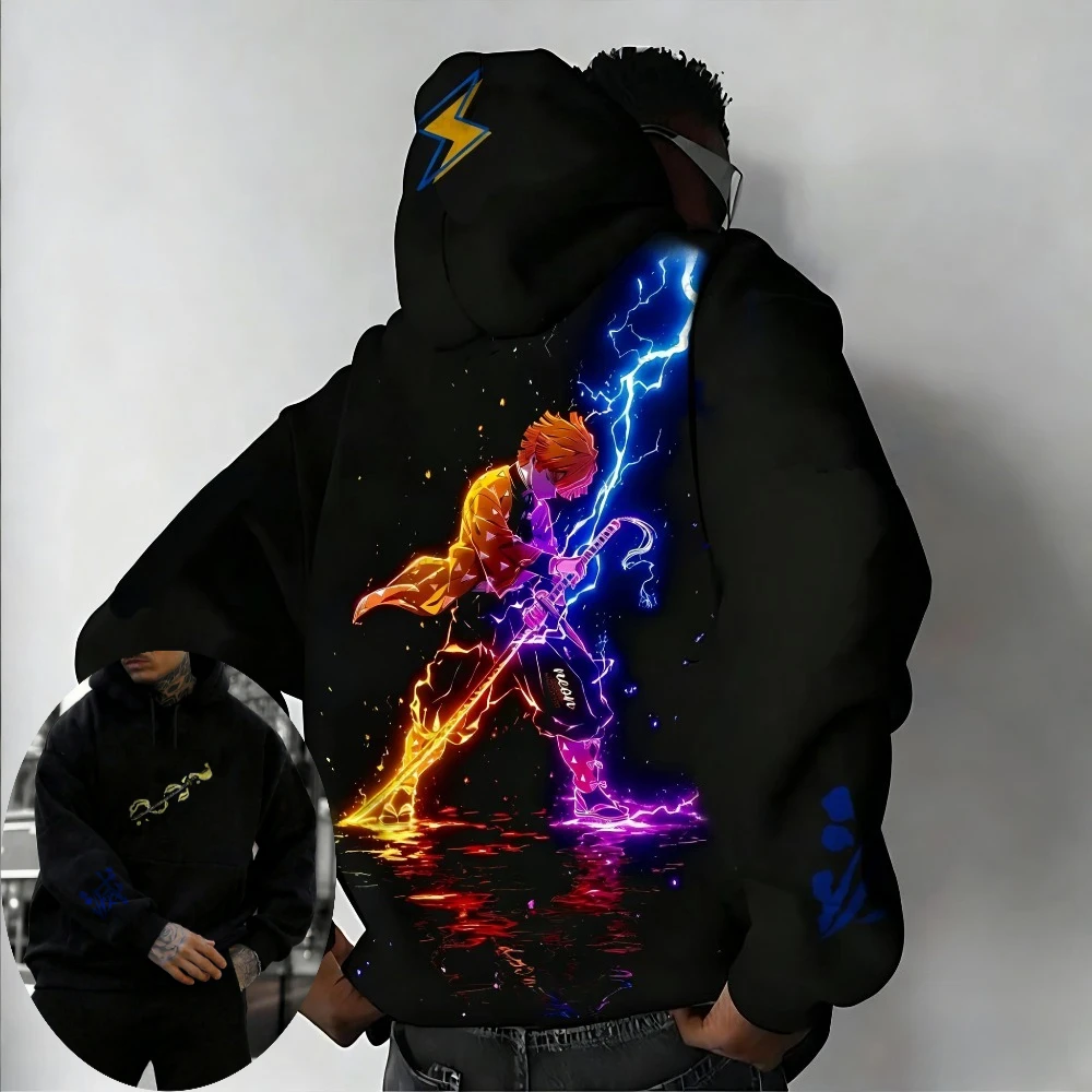 Męska bluza z kapturem Demon Slayer Agatsuma Zenitsu Anime Wiosna Jesień Zima Chłopięca Oddychająca Bluza z Długim Rękawem Strój Rodzinny