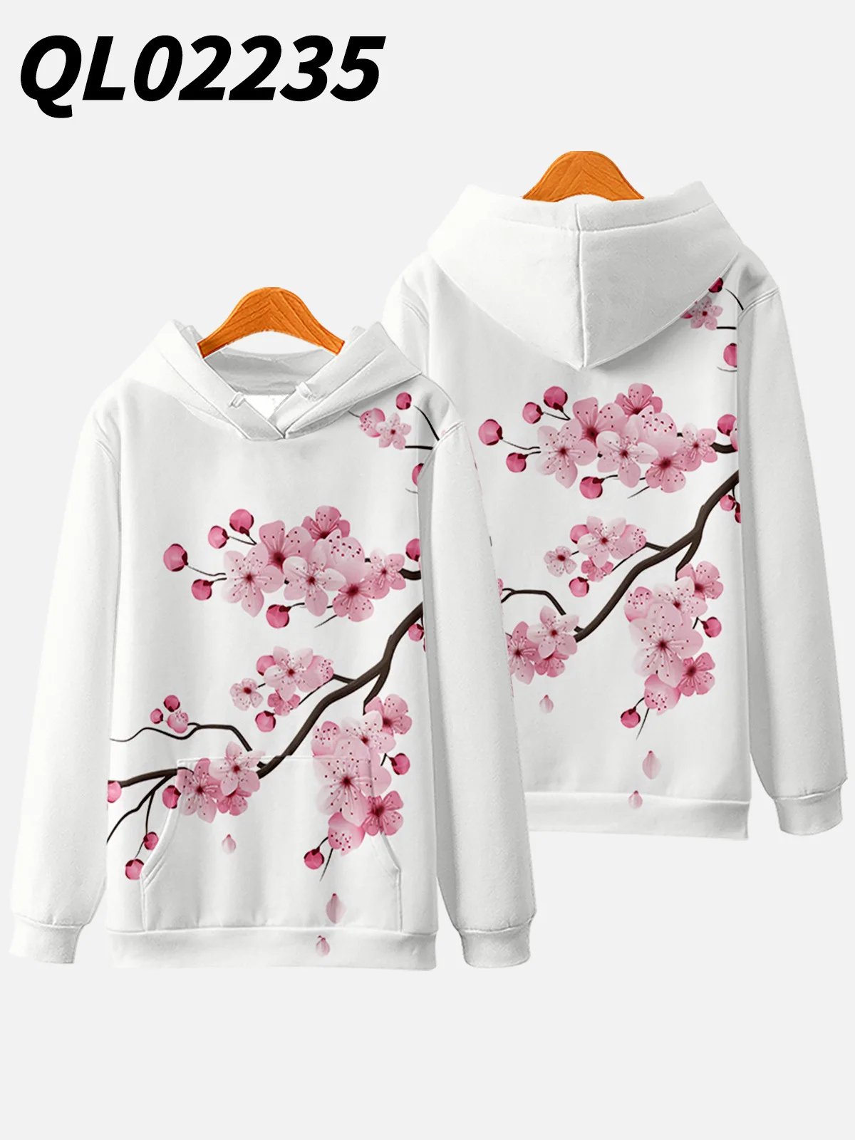 Autumn Newest Fashion Men Women Plum Floral Printed White Long Sleeve Hoodie Pullover Sweater Casual Streewear Sweatshirts