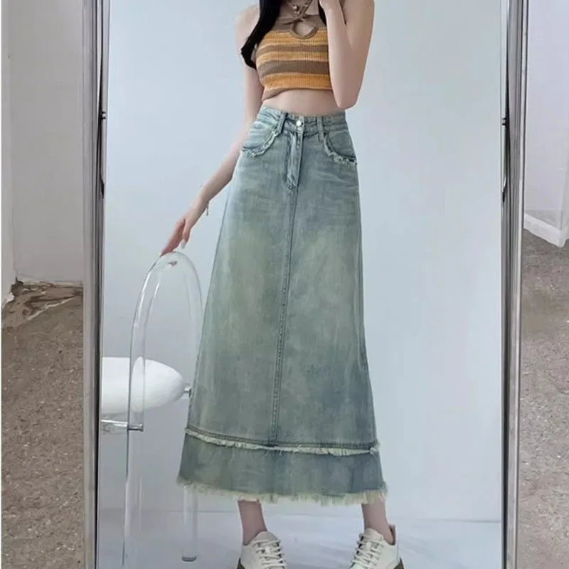 Split Denim Skirt Women's Spring Summer New Stitching High Waist A- Line Hip Pear-Shaped Figure Leg-Covering Tassel Long Skirts