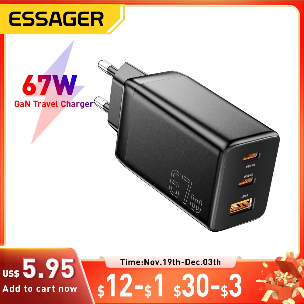 Зарядное устройство Essager 67 Вт GaN USB-C PD 3.0 QC 3.0 Fast Charge для iPhone 16 15 Pro Max Xiaomi Samsung Huawei Mate 70 Зарядные устройства для ноутбуков