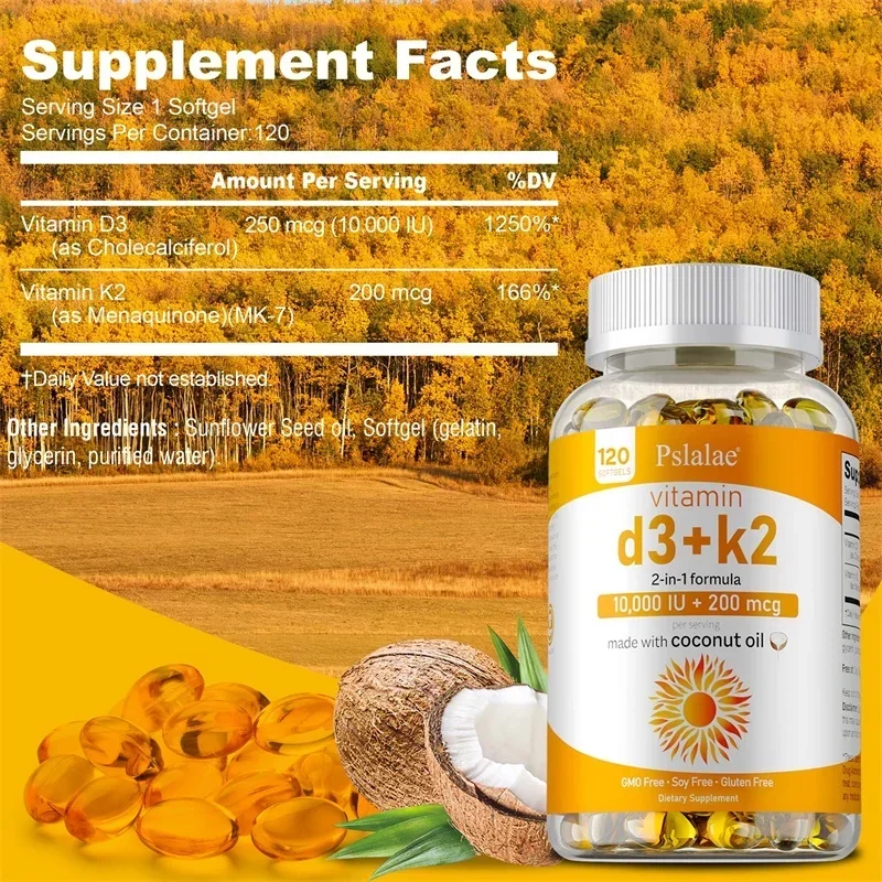 Vitamin D3+K2 Supplement - Supports Joint, Bone and Immune Health, Non-GMO Formula, Easy To Swallow Vitamin D and K Complex