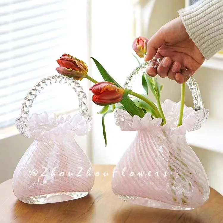 Handmade Crystal Flower Basket Figurine Hand Blown Glass Plant Vase Craft Living Room Flower Arrangement Home Wedding Decor