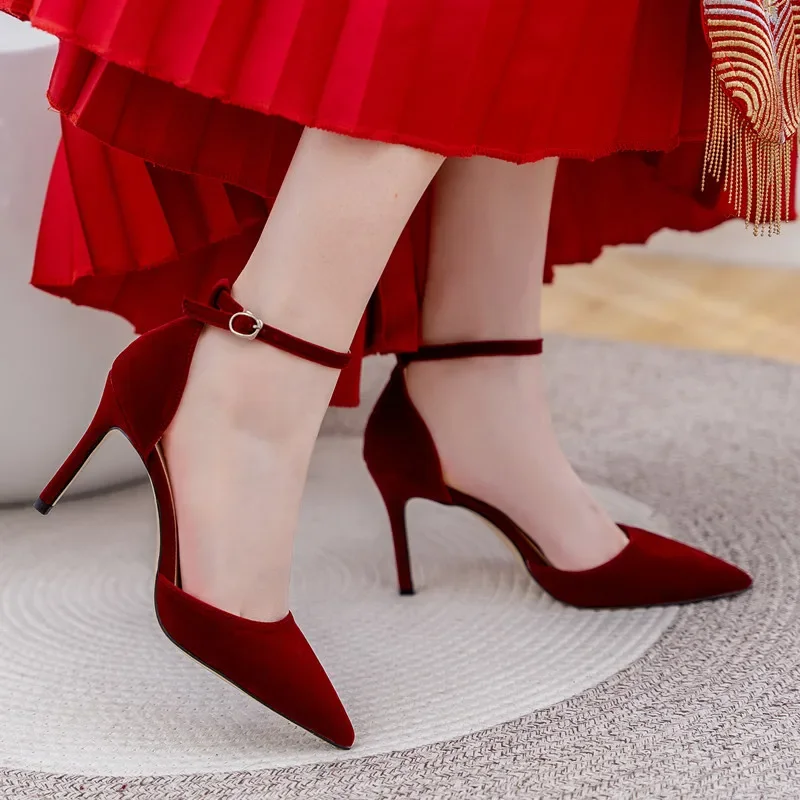 7cm Shoes Luxury Women Pointed Toe Flock Pumps High Heels Wedding Banquet Women Red Sandals 41 42 43