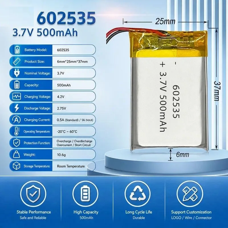 602535 Polymer Lithium Battery 500mAh 3.7V Rechargeable Li-ion Battery for Small Electronics Devices Compact Power Source
