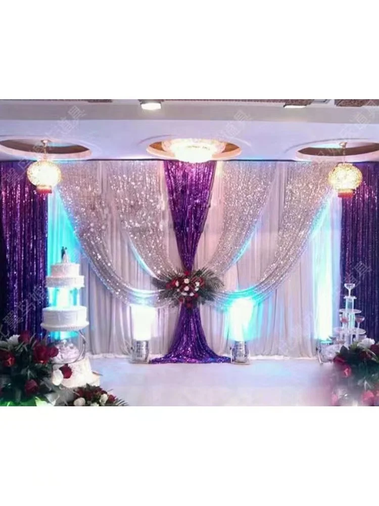 10X20FT White Wedding Backdrop Curtain With Silver Purple Sequins Stage Background Event Party Church Drapery Panels Decoration